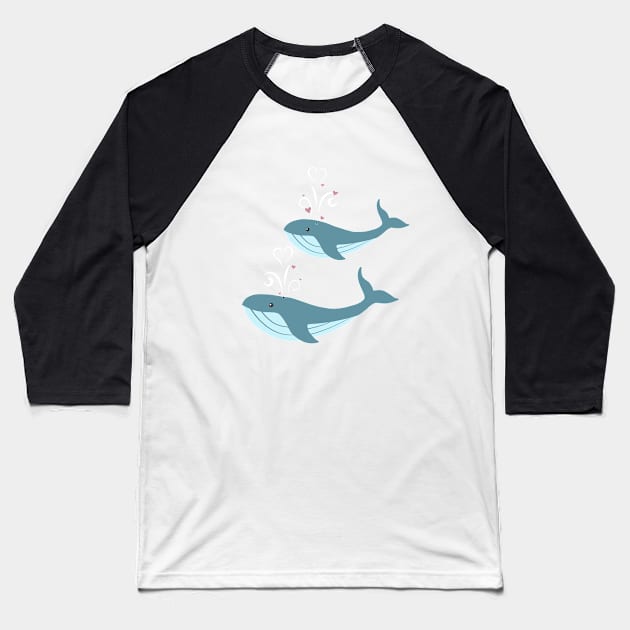 Whales in Love Baseball T-Shirt by Tilly-Scribbles